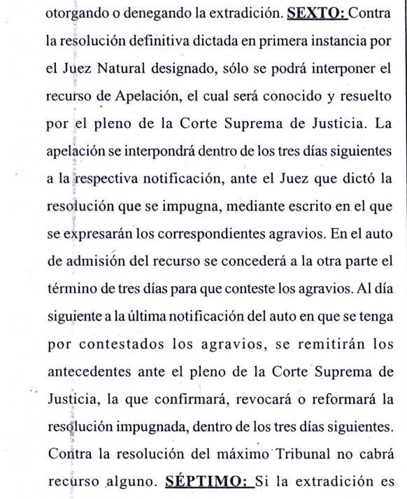 Parte del auto acordado que explica el proceso de apelación para la solicitud de extradición.