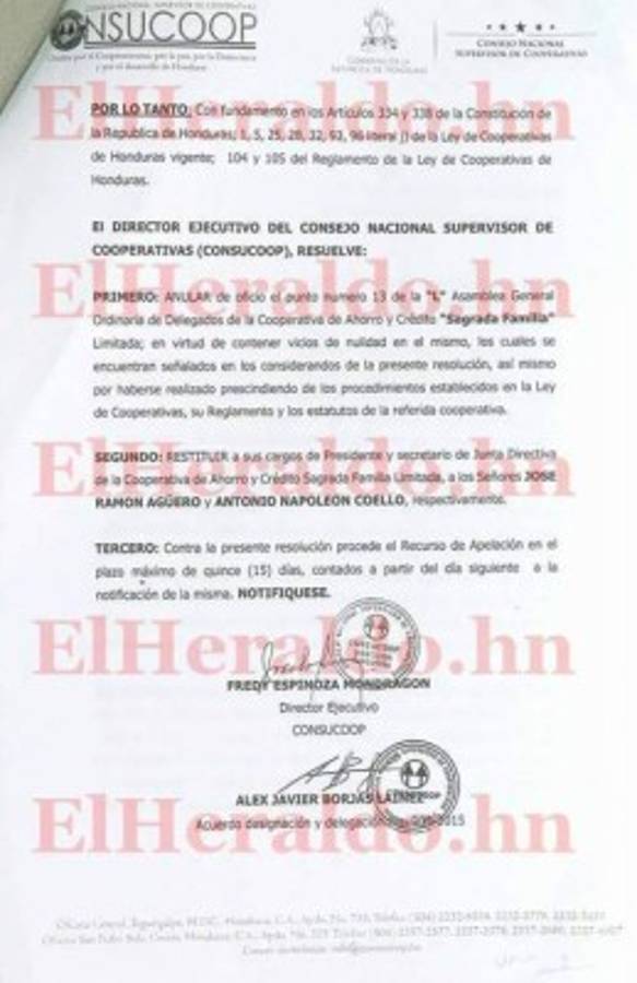 Resoluciones del Consucoop que llevaron hasta la intervención temporal de la cooperativa Sagrada Familia, así como el contrato por nueve millones de lempiras firmado. También la resolución donde se declara con lugar la demanda de los directivos.