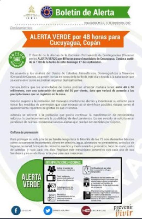 Copeco emite alerta verde por 48 horas para Cucuyagua, Copán