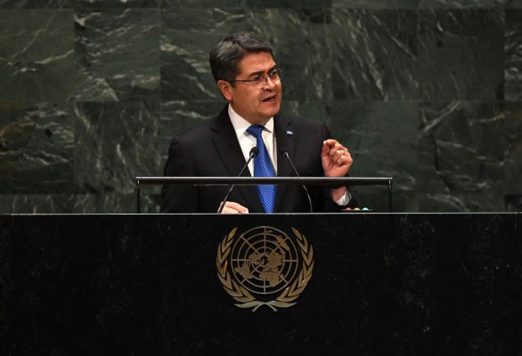 Nueva York, Estado de Nueva York: el presidente de Honduras, Juan Orlando Hernández Alvarado, habla en la 74a Sesión de la Asamblea General en la sede de las Naciones Unidas el 25 de septiembre de 2019 en Nueva York. / AFP / TIMOTHY A. CLARY