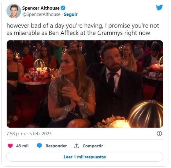 Cara de Ben Affleck en los Grammy deja imperdibles memes