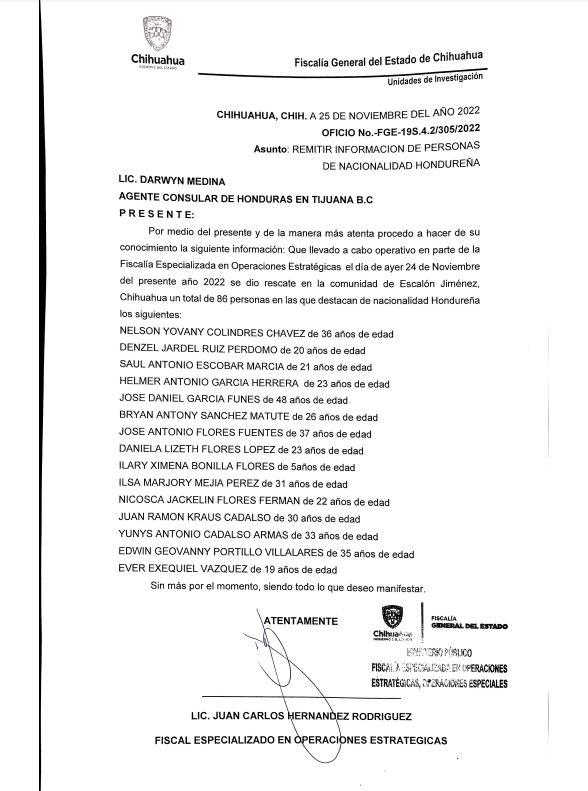 Este es el documento oficial de los hondureños rescatados.