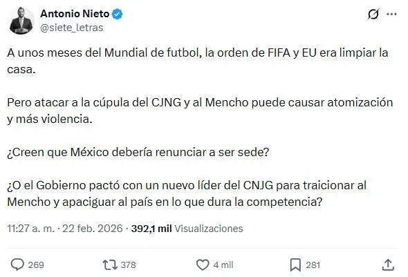 ¿Se jugarán partidos del Mundial 2026 en México tras caos por muerte de El Mencho?