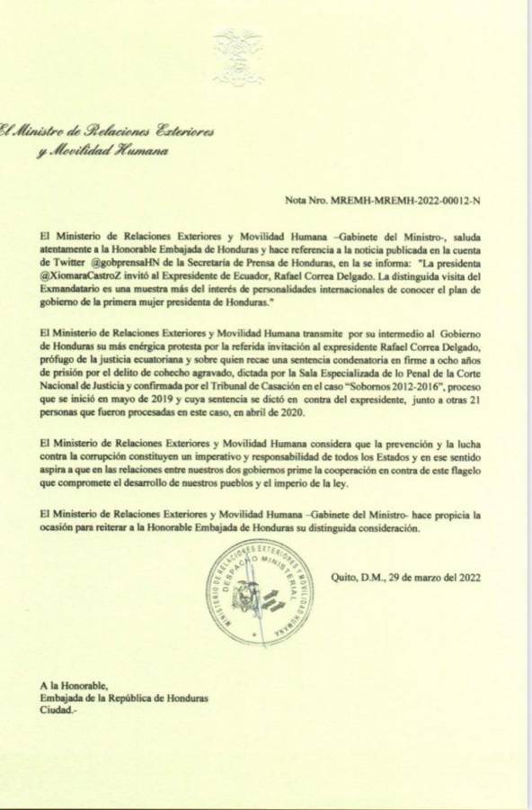 Supuesto comunicado del gobierno del Ecuador sobre visita de Rafael Correa a Honduras.