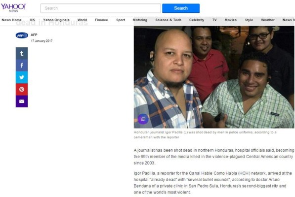Medios internacionales destacan crimen contra el periodista hondureño Igor Padilla de HCH