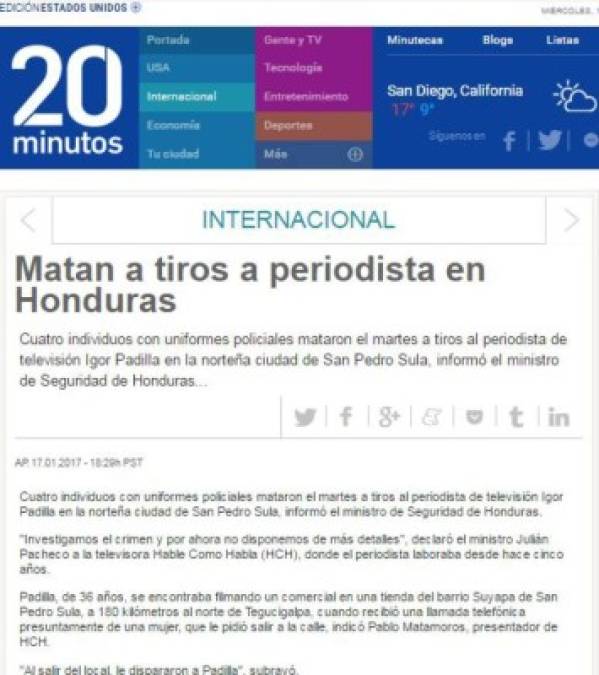 Medios internacionales destacan crimen contra el periodista hondureño Igor Padilla de HCH