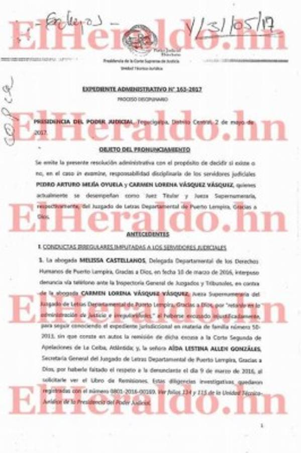 El expediente administrativo 163-2017 de la Inspectoría General de Tribunales indica cada uno de los supuestos abusos cometidos por el juez Pedro Mejía, de Gracias a Dios.