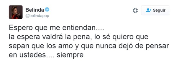 Cantante Belinda dice que sus fans le escriben 'cosas que le duelen'