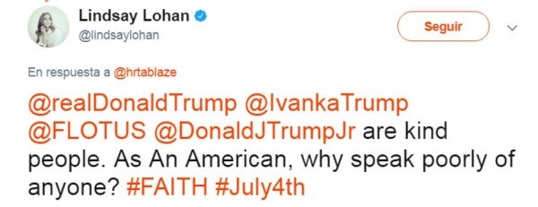 Lindsay Lohan defiende a Trump en Twitter: 'Paren el bullying'