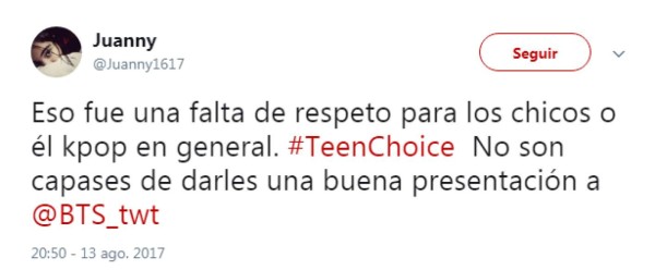 Fanáticos de BTS molestos por raquítica mención en los Teen Choice Awards 2017