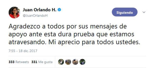 Este es el primer tuit con el que reaccionó este lunes el presidente Juan Orlando Hernández.