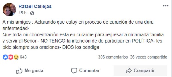 Expresidente hondureño Rafael Callejas descarta intención de participar en política