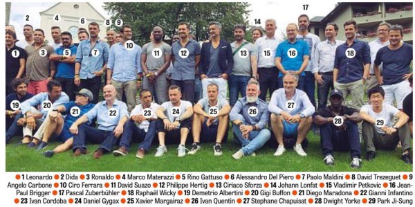 David Suazo entre figuras como Maradona, Del Piero y Ronaldo en partido en honor a Infantino