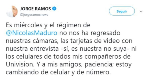 La exigencia de Jorge Ramos a Nicolás Maduro: 'No nos han regresado nada todavía'