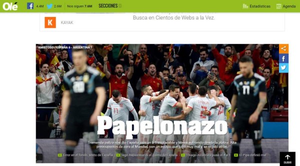 Medios argentinos destrozan la actuación de la selección Argentina tras salir goleada de España