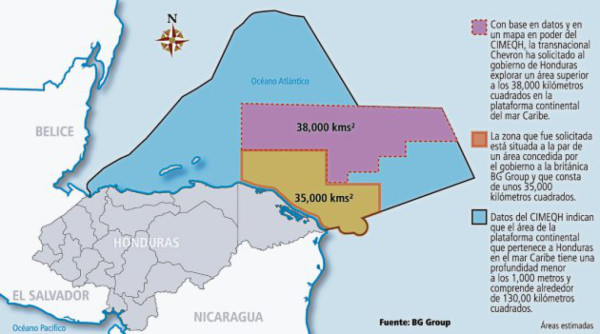 Más de 38,000 kilómetros cuadrados pide Chevron a Honduras
