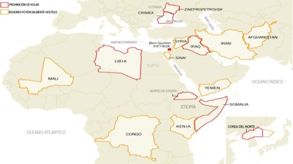 El mapa de los países con espacio aéreo peligroso