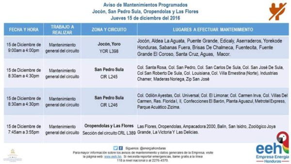 EEH anuncia suspensión de energía en diferentes sectores de Honduras
