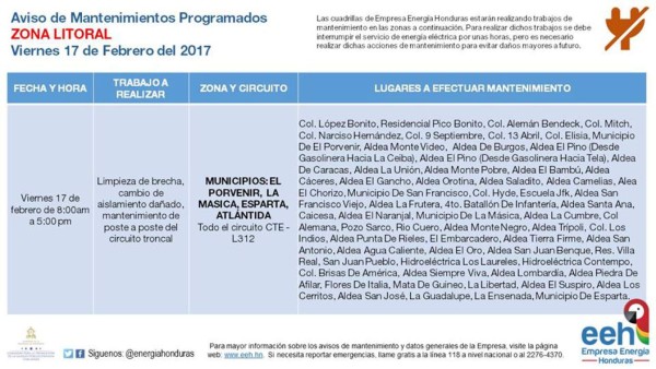 Empresa Energía Honduras anuncia apagones en varios sectores del país