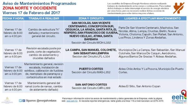 Empresa Energía Honduras anuncia apagones en varios sectores del país