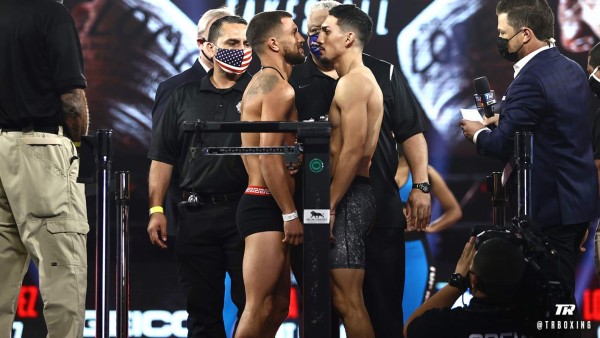 Choque de miradas: el tenso pesaje de Lomachenko y Teófimo