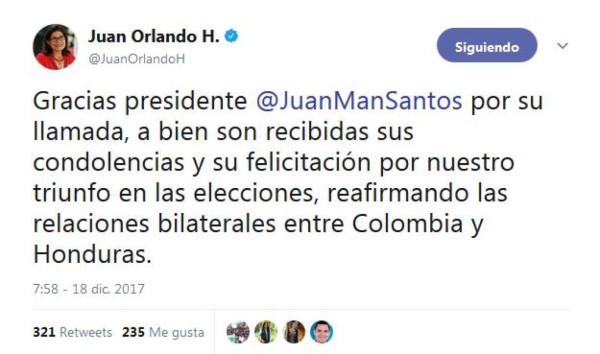 En este tuit Juan Orlando Hernández agradeció al mandatario colombiano Juan Manuel Santos.