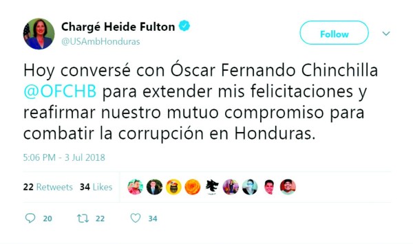 Estados Unidos ratifica apoyo a Óscar Chinchilla