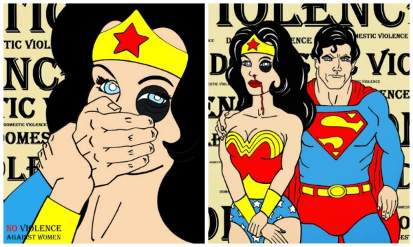 Homero Simpson golpea a Marge y Superman a la Mujer Maravilla