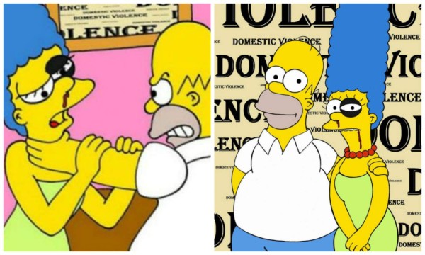 Homero Simpson golpea a Marge y Superman a la Mujer Maravilla