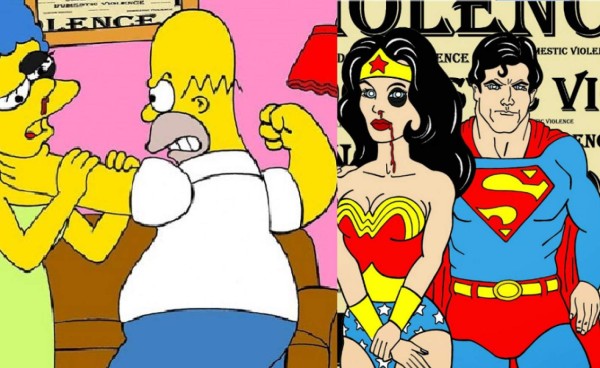 Homero Simpson golpea a Marge y Superman a la Mujer Maravilla