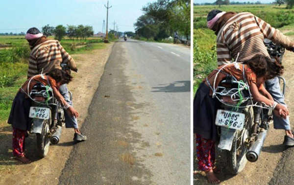 Hombre traslada a su hija al colegio atada de pies y manos