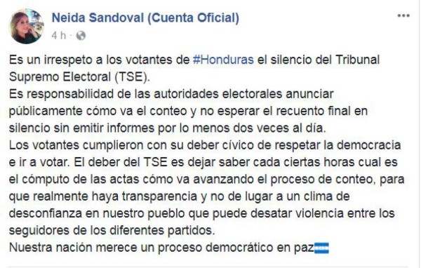 La queja de la periodista Neida Sandoval ante tardanza del Tribunal Supremo Electoral