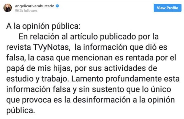 Angélica Rivera desmiente que pague 64 millones de pesos por alquiler de lujosa mansión en California