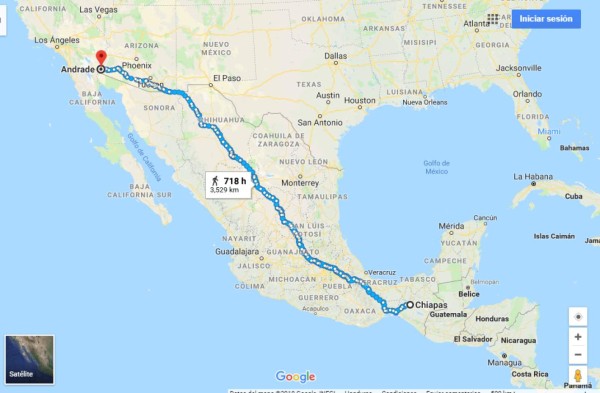 Desde Chiapas hasta Andrade, Baja California el recorrido es de 3,529 kilómetros en lo que significaría el camino más largo para cruzar de México a Estados Unidos. Foto: Google Maps