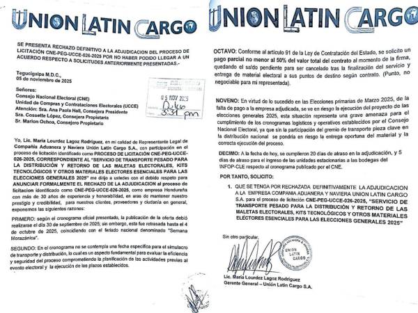 Empresa rechaza adjudicación del CNE para transporte de material electoral