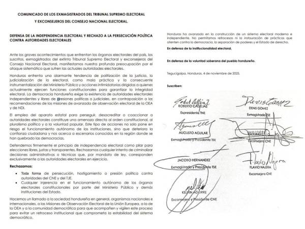 Documentos presentados por exmagistrados del extinto Tribunal Supremo Electora y exconsejeros del Consejo Nacional Electoral.