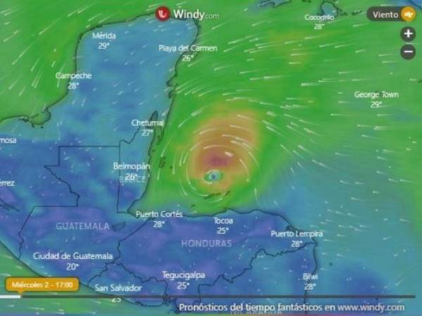 Las autoridades catrachas se mantienen en alerta ante la llegada de la tormenta tropical Nana. Foto captura Windy