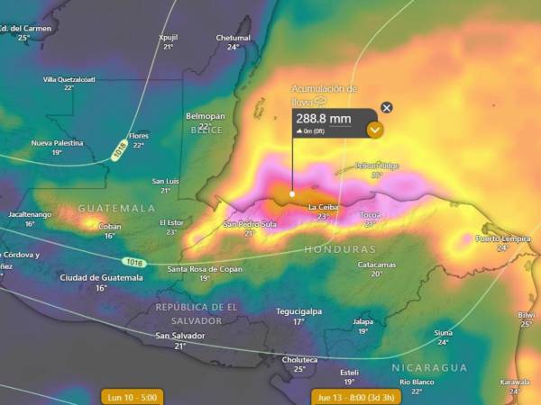 Cenaos prevé más de 150 mm de lluvia en zonas del norte de Honduras. en zonas montañosas hasta más de 200 mm.
