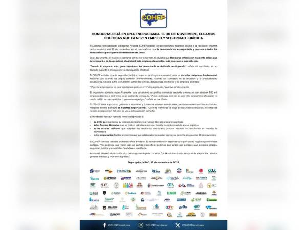 Cohep: El 30 de noviembre, elijamos políticas que generen empleo y seguridad jurídica