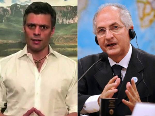 (COMBO) This combination of pictures created on August 01, 2017 shows Venezuelan opposition leader Leopoldo Lopez (L) giving a message from his house in Caracas, and a file photo taken on October 27, 2009 showing Caracas Mayor Antonio Ledezma speaking during a session of the Brazilian Senate's Foreign Affairs commission in Brasilia. The Venezuelan intelligence service arrested two opposition leaders overnight on August 1, 2017, relatives said, a day after a vote to choose a much-condemned assembly that supersedes parliament. Leopoldo Lopez and Antonio Ledezma were both already under house arrest when they were picked up by the intelligence service known by its in acronym Sebin, the wife of Lopez and children of Ledezma said separately. / AFP PHOTO / Leopoldo LOPEZ AND EVARISTO SA