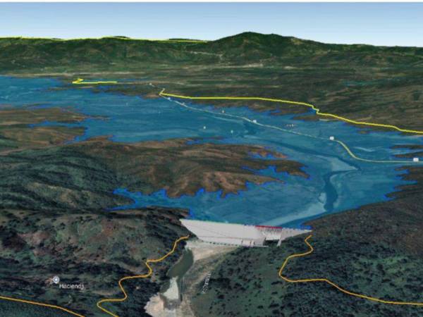 Render que muestra el diseño previsto para la cortina y el embalse de la represa, cuya ubicación ya no será en la comunidad de El Tablón, sino 14 kilómetros aguas arriba, en el sector de Los Limones, municipio de Quimistán, Santa Bárbara.a