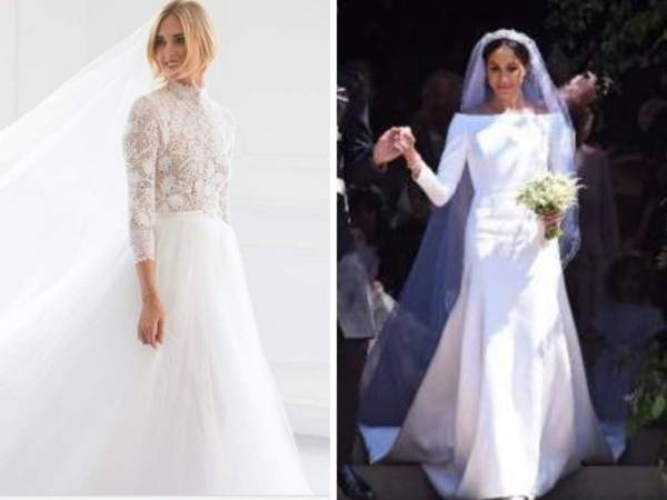 En la imagen de la izquierda, Chiara y su vestido de novia de la firma Dior, de lado derecho, Meghan Markle y su vestido de la casa de moda Givenchy.