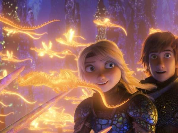 Imagen proporcionada por Universal Pictures de Astrid, con la voz de America Ferrara, y Hiccup, con la voz de Jay Baruchel, en una escena de 'How to Train Your Dragon: The Hidden World”. (Foto: AP)