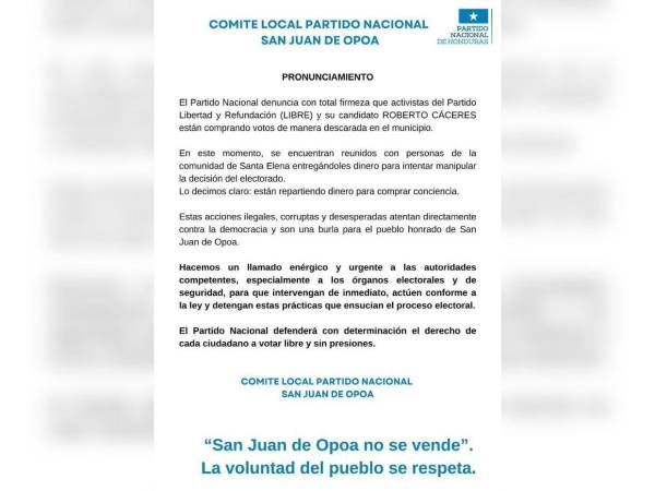 Comunicado del Comité Local del Partido Nacional en San Juan de Opoa.