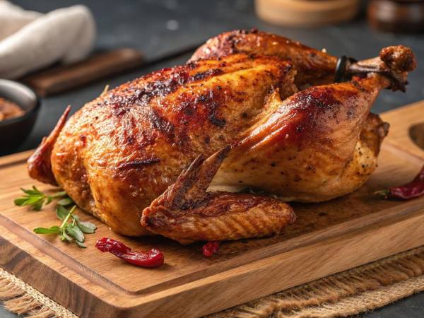 Pavo asado, el plato central del Thanksgiving. Puede prepararse al horno, ahumado o marinado estilo “butter-basted”. Muchas familias lo sirven con relleno tradicional y gravy casero.