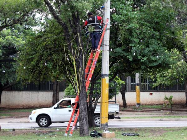 Así preparan los trabajadores municipales la ciudad e instalan estructuras en el bulevar Suyapa para el carnaval en Tegucigalpa.