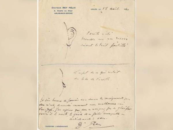 Este es el dibujo del doctor Felix Rey, quien atendió al artista, que muestra cuánto de su oreja izquierda se cortó Van Gogh: casi toda