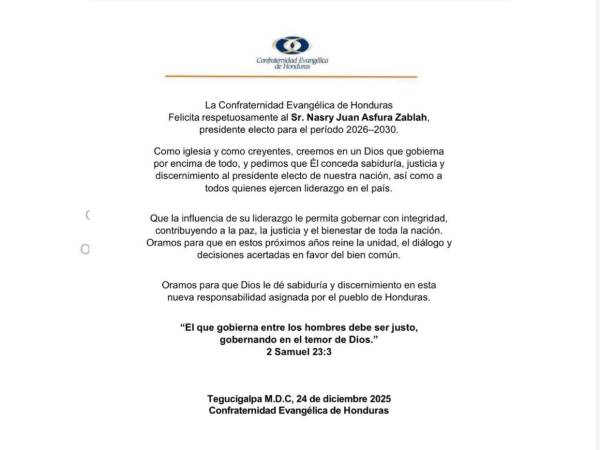 Comunicado emitido por la Confraternidad Evangélica de Honduras (CAH).
