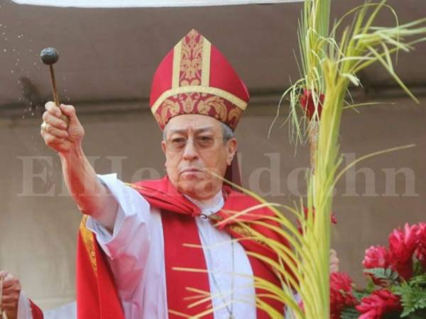 El Cardenal Óscar Andrés Rodríguez bendice los ramos de olivo en la celebración del Domingo de Ramos en la Semana Santa. Foto: David Romero / El Heraldo.