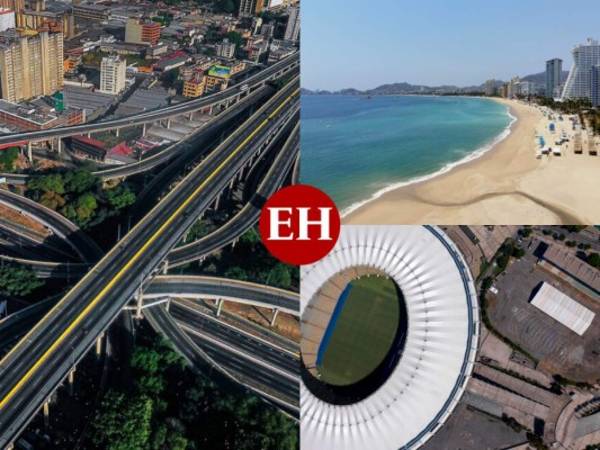 Desde arriba, la vida en tierra se ve muy diferente. Los patrones de nuestras rutinas diarias fueron reemplazados ahora por estacionamientos vacíos, filas de autobuses detenidos y las largas sombras de transeúntes solitarios. Fotos: AFP/AP.